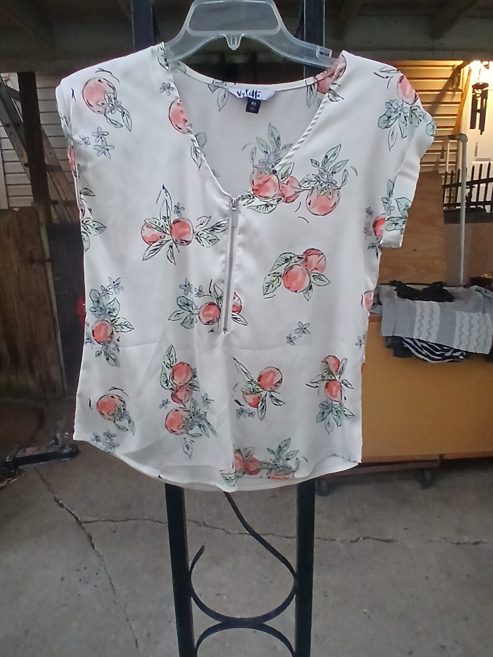 Vylette Floral Peach-Print Short Sleeve Blouse - White